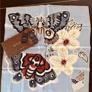Gucci Gray, Tan, Red multicolor Butterfly Silk Scarf